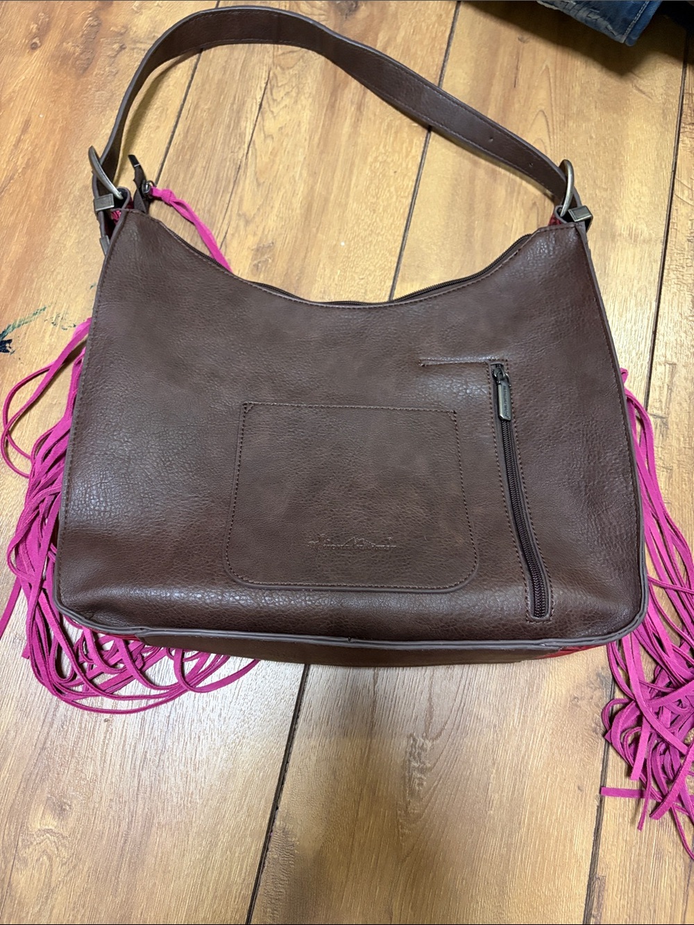 Montana West Brown Shoulder Bag with Pink Fringe Accents